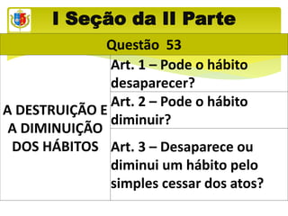I Seção da II Parte
Questão 53
A DESTRUIÇÃO E
A DIMINUIÇÃO
DOS HÁBITOS
Art. 1 – Pode o hábito
desaparecer?
Art. 2 – Pode o hábito
diminuir?
Art. 3 – Desaparece ou
diminui um hábito pelo
simples cessar dos atos?
 