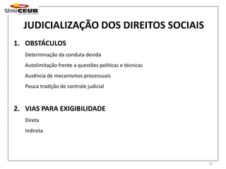 JUDICIALIZAÇÃO DOS DIREITOS SOCIAIS 
10 
1. OBSTÁCULOS 
Determinação da conduta devida 
Autolimitação frente a questões políticas e técnicas 
Ausência de mecanismos processuais 
Pouca tradição de controle judicial 
2. VIAS PARA EXIGIBILIDADE 
Direta 
Indireta 
 