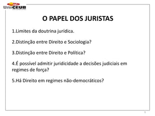 9 
O PAPEL DOS JURISTAS 
1.Limites da doutrina jurídica. 
2.Distinção entre Direito e Sociologia? 
3.Distinção entre Direito e Política? 
4.É possível admitir juridicidade a decisões judiciais em 
regimes de força? 
5.Há Direito em regimes não-democráticos? 
 
