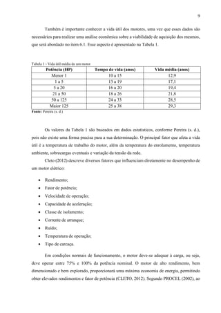 9
Também é importante conhecer a vida útil dos motores, uma vez que esses dados são
necessários para realizar uma análise econômica sobre a viabilidade de aquisição dos mesmos,
que será abordado no item 6.1. Esse aspecto é apresentado na Tabela 1.

Tabela 1 - Vida útil média de um motor

Potência (HP)
Menor 1
1a5
5 a 20
21 a 50
50 a 125
Maior 125

Tempo de vida (anos)
10 a 15
13 a 19
16 a 20
18 a 26
24 a 33
25 a 38

Vida média (anos)
12,9
17,1
19,4
21,8
28,5
29,3

Fonte: Pereira (s. d.)

Os valores da Tabela 1 são baseados em dados estatísticos, conforme Pereira (s. d.),
pois não existe uma forma precisa para a sua determinação. O principal fator que afeta a vida
útil é a temperatura de trabalho do motor, além da temperatura do enrolamento, temperatura
ambiente, sobrecargas eventuais e variação da tensão da rede.
Cleto (2012) descreve diversos fatores que influenciam diretamente no desempenho de
um motor elétrico:


Rendimento;



Fator de potência;



Velocidade de operação;



Capacidade de aceleração;



Classe de isolamento;



Corrente de arranque;



Ruído;



Temperatura de operação;



Tipo de carcaça.
Em condições normais de funcionamento, o motor deve-se adequar à carga, ou seja,

deve operar entre 75% e 100% da potência nominal. O motor de alto rendimento, bem
dimensionado e bem explorado, proporcionará uma máxima economia de energia, permitindo
obter elevados rendimentos e fator de potência (CLETO, 2012). Segundo PROCEL (2002), ao

 