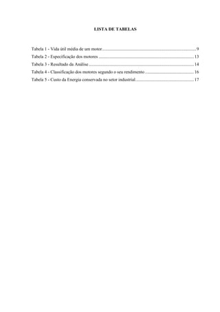 LISTA DE TABELAS

Tabela 1 - Vida útil média de um motor ..................................................................................... 9
Tabela 2 - Especificação dos motores ...................................................................................... 13
Tabela 3 - Resultado da Análise ............................................................................................... 14
Tabela 4 - Classificação dos motores segundo o seu rendimento ............................................ 16
Tabela 5 - Custo da Energia conservada no setor industrial..................................................... 17

 