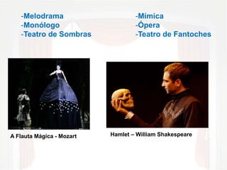 -Mímica 
-Ópera 
-Teatro de Fantoches 
-Melodrama 
-Monólogo 
-Teatro de Sombras 
A Flauta Mágica - Mozart Hamlet – William Shakespeare 
 
