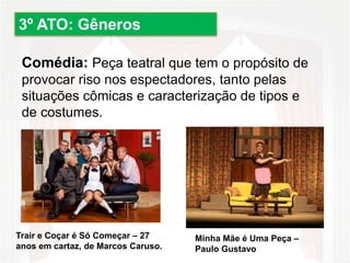 Comédia: Peça teatral que tem o propósito de 
provocar riso nos espectadores, tanto pelas 
situações cômicas e caracterização de tipos e 
de costumes. 
Trair e Coçar é Só Começar – 27 
anos em cartaz, de Marcos Caruso. 
Minha Mãe é Uma Peça – 
Paulo Gustavo 
3º ATO: Gêneros 
 
