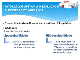 1. Processo de obtenção do fármaco e suas propriedades físico-químicas:
FATORES QUE AFETAM A DISSOLUÇÃO E
A ABSORÇÃO DE FÁRMACOS
Solubilidade
O fármaco precisa ter certa:
Atravessar as membranas
biológicas que são de
natureza lipoprotéica.
Somente o fármaco
dissolvido nos líquidos do
TGI pode ser absorvido, o
que requer determinada
Hidrossolubilidade.
 