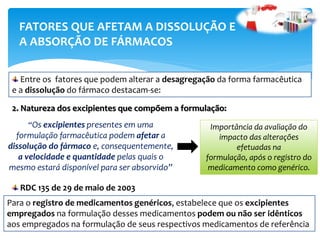 Entre os fatores que podem alterar a desagregação da forma farmacêutica
e a dissolução do fármaco destacam-se:
2. Natureza dos excipientes que compõem a formulação:
FATORES QUE AFETAM A DISSOLUÇÃO E
A ABSORÇÃO DE FÁRMACOS
“Os excipientes presentes em uma
formulação farmacêutica podem afetar a
dissolução do fármaco e, consequentemente,
a velocidade e quantidade pelas quais o
mesmo estará disponível para ser absorvido”
Importância da avaliação do
impacto das alterações
efetuadas na
formulação, após o registro do
medicamento como genérico.
RDC 135 de 29 de maio de 2003
Para o registro de medicamentos genéricos, estabelece que os excipientes
empregados na formulação desses medicamentos podem ou não ser idênticos
aos empregados na formulação de seus respectivos medicamentos de referência
 