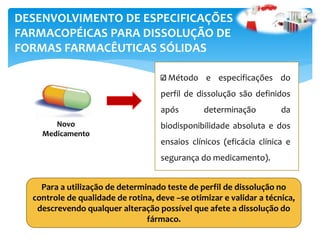Novo
Medicamento
Para a utilização de determinado teste de perfil de dissolução no
controle de qualidade de rotina, deve –se otimizar e validar a técnica,
descrevendo qualquer alteração possível que afete a dissolução do
fármaco.
DESENVOLVIMENTO DE ESPECIFICAÇÕES
FARMACOPÉICAS PARA DISSOLUÇÃO DE
FORMAS FARMACÊUTICAS SÓLIDAS
Método e especificações do
perfil de dissolução são definidos
após determinação da
biodisponibilidade absoluta e dos
ensaios clínicos (eficácia clínica e
segurança do medicamento).
 