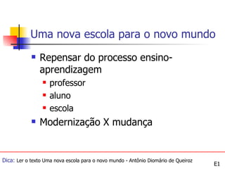 Uma nova escola para o novo mundo
               Repensar do processo ensino-
                aprendizagem
                    professor
                    aluno
                    escola
               Modernização X mudança


Dica: Ler o texto Uma nova escola para o novo mundo - Antônio Diomário de Queiroz
                                                                                    E1
 