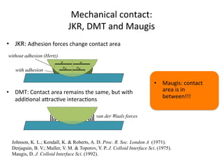 Mechanical	
  contact:	
  
JKR,	
  DMT	
  and	
  Maugis	
  
•  JKR:	
  Adhesion	
  forces	
  change	
  contact	
  area	
  
•  DMT:	
  Contact	
  area	
  remains	
  the	
  same,	
  but	
  with	
  
addi<onal	
  aWrac<ve	
  interac<ons	
  
	
  
•  Maugis:	
  contact	
  
area	
  is	
  in	
  
between!!!	
  
Johnson, K. L.; Kendall, K. & Roberts, A. D. Proc. R. Soc. London A (1971).
Derjaguin, B. V.; Muller, V. M. & Toporov, Y. P. J. Colloid Interface Sci. (1975).
Maugis, D. J. Colloid Interface Sci. (1992).
with adhesion
aH aH
a a
without adhesion (Hertz)
van der Waals forces
 