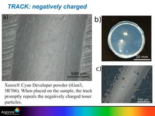 TRACK: negatively charged
Xerox® Cyan Developer powder (iGen3,
5R706). When placed on the sample, the track
promptly repeals the negatively charged toner
particles.
 
