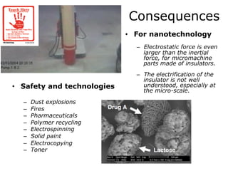 •  For nanotechnology
–  Electrostatic force is even
larger than the inertial
force, for micromachine
parts made of insulators.
–  The electrification of the
insulator is not well
understood, especially at
the micro-scale.
•  Safety and technologies
–  Dust explosions
–  Fires
–  Pharmaceuticals
–  Polymer recycling
–  Electrospinning
–  Solid paint
–  Electrocopying
–  Toner
Consequences
 