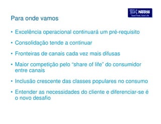 GGoooodd FFoooodd,, GGoooodd LLiiffee Para onde vamos 
• Excelência operacional continuará um pré-requisito 
• Consolidação tende a continuar 
• Fronteiras de canais cada vez mais difusas 
• Maior competição pelo “share of life” do consumidor 
entre canais 
• Inclusão crescente das classes populares no consumo 
• Entender as necessidades do cliente e diferenciar-se é 
o novo desafio 
 