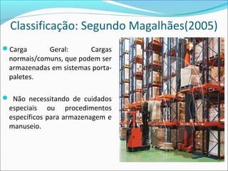Classificação: Segundo Magalhães(2005)
Carga Geral: Cargas
normais/comuns, que podem ser
armazenadas em sistemas porta-
paletes.
 Não necessitando de cuidados
especiais ou procedimentos
específicos para armazenagem e
manuseio.
 