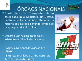 ÓRGÃOS NACIONAIS
Brasil tem o Transporte Aéreo
gerenciado pelo Ministério da Defesa,
tendo uma base militar, diferente da
maioria dos países do mundo, onde não
há qualquer vínculo militar.
Dentre os principais organismos
existentes no Brasil, destacamos:
- Agência Nacional de Aviação Civil
(ANAC)
- Empresa Brasileira de Infra-Estrutura
Aeroportuária (Infraero)
 