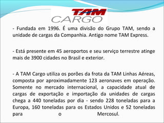 - Fundada em 1996. É uma divisão do Grupo TAM, sendo a
unidade de cargas da Companhia. Antigo nome TAM Express.
- Está presente em 45 aeroportos e seu serviço terrestre atinge
mais de 3900 cidades no Brasil e exterior.
- A TAM Cargo utiliza os porões da frota da TAM Linhas Aéreas,
composta por aproximadamente 123 aeronaves em operação.
Somente no mercado internacional, a capacidade atual de
cargas de exportação e importação da unidades de cargas
chega a 440 toneladas por dia - sendo 228 toneladas para a
Europa, 160 toneladas para os Estados Unidos e 52 toneladas
para o Mercosul.
 