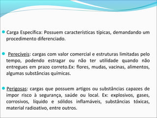 Carga Específica: Possuem características típicas, demandando um
procedimento diferenciado.
 Perecíveis: cargas com valor comercial e estruturas limitadas pelo
tempo, podendo estragar ou não ter utilidade quando não
entregues em prazo correto.Ex: flores, mudas, vacinas, alimentos,
algumas substâncias químicas.
Perigosas: cargas que possuem artigos ou substâncias capazes de
impor risco à segurança, saúde ou local. Ex: explosivos, gases,
corrosivos, líquido e sólidos inflamáveis, substâncias tóxicas,
material radioativo, entre outros.
 