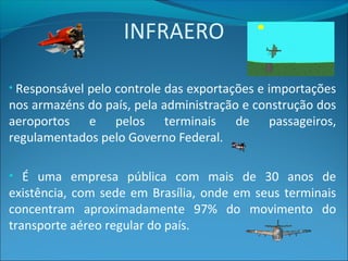 INFRAERO
• Responsável pelo controle das exportações e importações
nos armazéns do país, pela administração e construção dos
aeroportos e pelos terminais de passageiros,
regulamentados pelo Governo Federal.
• É uma empresa pública com mais de 30 anos de
existência, com sede em Brasília, onde em seus terminais
concentram aproximadamente 97% do movimento do
transporte aéreo regular do país.
 