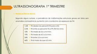 40
1. TRANSLUCÊNCIA NUCAL
Segundo alguns autores, a prevalência de malformações estruturais graves em fetos sem
anomalias cromossômicas aumenta com o acréscimo da espessura da TN:
1,6%  TN abaixo do percentil 95 para a IG;
2,5%  TN entre os percentis 95 e 99 (TN=3,5 mm);
10%  TN mede de 3,6 a 4,4 mm;
19%  TN mede de 4,5 a 5,4 mm;
24%  TN entre 5,5 e 6,4 mm;
46%  TN é maior do que 6,5 mm.
ULTRASSONOGRAFIA 1° TRIMESTRE
 