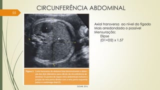 CIRCUNFERÊNCIA ABDOMINAL
55
ZUGAIB, 2016.
Axial transversa ao nível do fígado
Mais arredondada o possível
Mensuração:
Elipse
(D1+D2) x 1,57
 