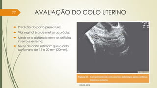 AVALIAÇÃO DO COLO UTERINO
 Predição do parto prematuro;
 Via vaginal é a de melhor acurácia;
 Mede-se a distância entre os orifícios
interno e externo;
 Níveis de corte estimam que o colo
curto varia de 15 a 30 mm (20mm).
77
ZUGAIB, 2016.
 