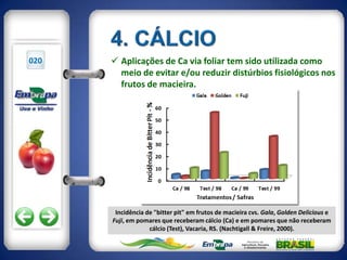 020    Aplicações de Ca via foliar tem sido utilizada como
        meio de evitar e/ou reduzir distúrbios fisiológicos nos
        frutos de macieira.




       Incidência de "bitter pit" em frutos de macieira cvs. Gala, Golden Delicious e
      Fuji, em pomares que receberam cálcio (Ca) e em pomares que não receberam
                   cálcio (Test), Vacaria, RS. (Nachtigall & Freire, 2000).
 