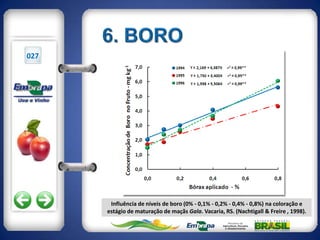 027




       Influência de níveis de boro (0% - 0,1% - 0,2% - 0,4% - 0,8%) na coloração e
      estágio de maturação de maçãs Gala. Vacaria, RS. (Nachtigall & Freire , 1998).
 