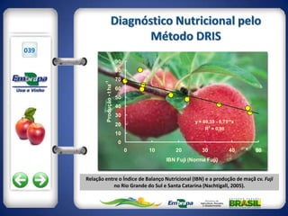039
                                  90
                                  80
                                  70




              Produção - t ha-1
                                  60
                                  50
                                  40
                                  30
                                                           y = 69,39 - 0,75**x
                                  20                               2
                                                               R = 0,90
                                  10
                                   0
                                       0   10      20         30           40    50
                                                IBN Fuji (Norma Fuji)


      Relação entre o Índice de Balanço Nutricional (IBN) e a produção de maçã cv. Fuji
                  no Rio Grande do Sul e Santa Catarina (Nachtigall, 2005).
 