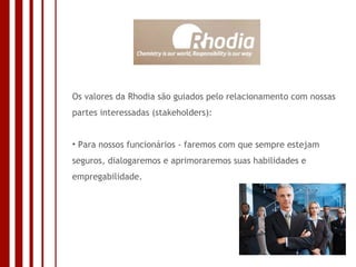 Os valores da Rhodia são guiados pelo relacionamento com nossas partes interessadas (stakeholders): Para nossos funcionários - faremos com que sempre estejam seguros, dialogaremos e aprimoraremos suas habilidades e empregabilidade. 