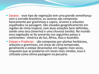  Savana : esse tipo de vegetação tem uma grande semelhança
com o cerrado brasileiro, as savanas são compostas
basicamente por gramíneas e capins, árvores e arbustos
espalhados na paisagem. São situadas geograficamente em
regiões de clima tropical, com duas estações bem definidas,
sendo uma seca (inverno) e uma chuvosa (verão). No mundo
essa vegetação se faz presente nos seguintes países e
continentes : América do Sul, África, Ásia e Austrália.
 Estepe e Pradarias : são compostas por plantas herbáceas,
arbustos e gramíneas, em áreas de clima temperado,
geralmente o estepe desenvolve em lugares mais secos,
enquanto que as pradarias em locais mais úmidos, essa é
utilizada como ótima pastagem na pecuária.
 