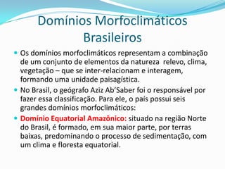 Domínios Morfoclimáticos
Brasileiros
 Os domínios morfoclimáticos representam a combinação
de um conjunto de elementos da natureza relevo, clima,
vegetação – que se inter-relacionam e interagem,
formando uma unidade paisagística.
 No Brasil, o geógrafo Aziz Ab’Saber foi o responsável por
fazer essa classificação. Para ele, o país possui seis
grandes domínios morfoclimáticos:
 Domínio Equatorial Amazônico: situado na região Norte
do Brasil, é formado, em sua maior parte, por terras
baixas, predominando o processo de sedimentação, com
um clima e floresta equatorial.
 
