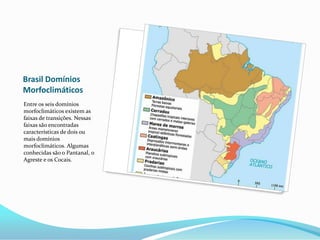Brasil Domínios
Morfoclimáticos
Entre os seis domínios
morfoclimáticos existem as
faixas de transições. Nessas
faixas são encontradas
características de dois ou
mais domínios
morfoclimáticos. Algumas
conhecidas são o Pantanal, o
Agreste e os Cocais.
 