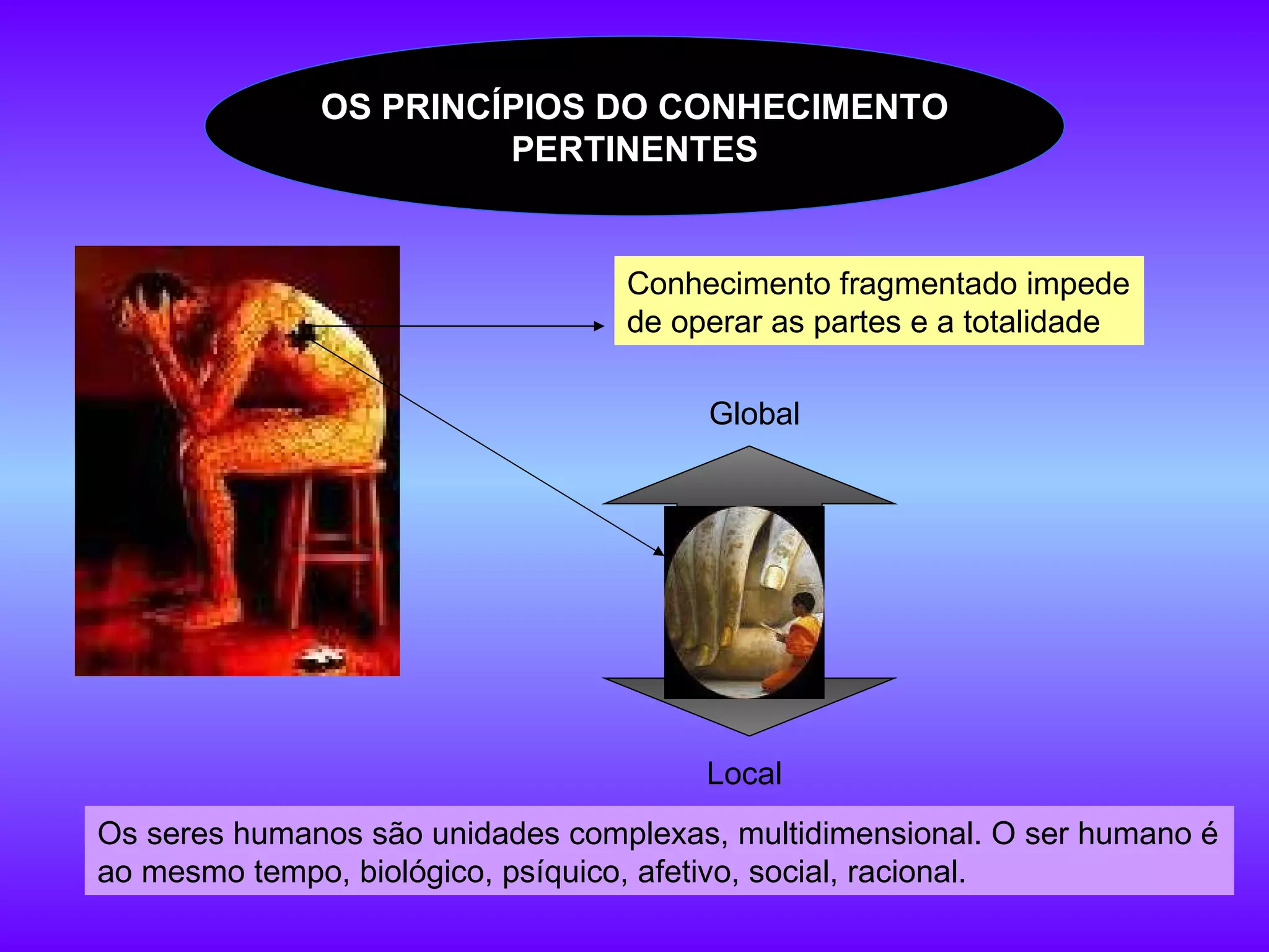 Conhecimento fragmentado impede de operar as partes e a totalidade Global Local Os seres humanos são unidades complexas, multidimensional. O ser humano é ao mesmo tempo, biológico, psíquico, afetivo, social, racional. OS PRINCÍPIOS DO CONHECIMENTO PERTINENTES 