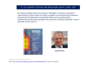 (2) Em http://pt.wikipedia.org/wiki/Quatro_Pilares_da_Educa%C3%A7%C3%A3o . Acessada em 17/08/2013.
Jacques Delors
No relatório, editado sob a forma do livro: "Educação: Um Tesouro a Descobrir",
organizado por Jacques Delors em 1999, se propõe uma educação direcionada para
os quatro tipos fundamentais de educação eleitos como os quatro pilares
fundamentais da educação: Aprender a Ser, Aprender a Conhecer, Aprender a Fazer e
Aprender a Viver Juntos. (2)
2. Os Quatro Pilares da Educação para o Séc. XXI2. Os Quatro Pilares da Educação para o Séc. XXI2. Os Quatro Pilares da Educação para o Séc. XXI2. Os Quatro Pilares da Educação para o Séc. XXI
 