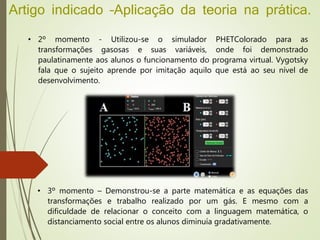 Artigo indicado –Aplicação da teoria na prática.
• 2º momento - Utilizou-se o simulador PHETColorado para as
transformações gasosas e suas variáveis, onde foi demonstrado
paulatinamente aos alunos o funcionamento do programa virtual. Vygotsky
fala que o sujeito aprende por imitação aquilo que está ao seu nível de
desenvolvimento.
• 3º momento – Demonstrou-se a parte matemática e as equações das
transformações e trabalho realizado por um gás. E mesmo com a
dificuldade de relacionar o conceito com a linguagem matemática, o
distanciamento social entre os alunos diminuía gradativamente.
 