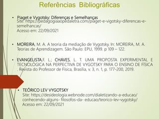 Referências Bibliográficas
• Piaget e Vygotsky: Diferenças e Semelhanças
Site: https://pedagogiaaopedaletra.com/piaget-e-vigotsky-diferencas-e-
semelhancas/
Acesso em: 22/09/2021
• EVANGELISTA,F. L.; CHAVES, L. T. UMA PROPOSTA EXPERIMENTAL E
TECNOLÓGICA NA PERPECTIVA DE VYGOTSKY PARA O ENSINO DE FÍSICA
. Revista do Professor de Física, Brasília, v. 3, n. 1, p. 177-200, 2019.
• MOREIRA, M. A. A teoria da mediação de Vygotsky. In: MOREIRA, M. A.
Teorias de Aprendizagem. São Paulo: EPU, 1999. p 109 – 122.
• TEÓRICO LEV VYGOTSKY
Site: https://desideologia.webnode.com/dialetizando-a-educao/
conhecendo-alguns- filosofos-da- educao/teorico-lev-vygotsky/
Acesso em: 22/09/2021
 