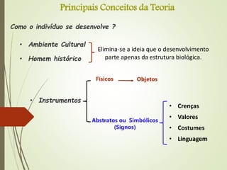 Principais Conceitos da Teoria
• Ambiente Cultural
• Homem histórico
Como o indivíduo se desenvolve ?
Elimina-se a ideia que o desenvolvimento
parte apenas da estrutura biológica.
• Instrumentos
Físicos
Abstratos ou Simbólicos
(Signos)
• Crenças
• Valores
• Costumes
• Linguagem
Objetos
 
