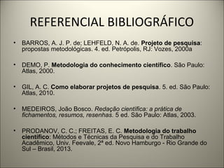 REFERENCIAL BIBLIOGRÁFICO 
• BARROS, A. J. P. de; LEHFELD, N. A. de. Projeto de pesquisa: 
propostas metodológicas. 4. ed. Petrópolis, RJ: Vozes, 2000a 
• DEMO, P. Metodologia do conhecimento científico. São Paulo: 
Atlas, 2000. 
• GIL, A. C. Como elaborar projetos de pesquisa. 5. ed. São Paulo: 
Atlas, 2010. 
• MEDEIROS, João Bosco. Redação científica: a prática de 
fichamentos, resumos, resenhas. 5 ed. São Paulo: Atlas, 2003. 
• PRODANOV, C. C.; FREITAS, E. C. Metodologia do trabalho 
científico: Métodos e Técnicas da Pesquisa e do Trabalho 
Acadêmico, Univ. Feevale, 2ª ed. Novo Hamburgo - Rio Grande do 
Sul – Brasil, 2013. 
 