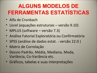 ALGUNS MODELOS DE 
FERRAMENTAS ESTATÍSTICAS 
• Alfa de Cronbach 
• Lisrel (equações estruturais – versão 9.10) 
• MPLUS (software – versão 7.3) 
• Análise Fatorial Exploratória ou Confirmatória 
• SPSS (análise de dados estat. - versão 22.0 ) 
• Matriz de Correlação 
• Desvio Padrão, Média, Mediana, Moda, 
Variância, Co-Variância etc. 
• Gráficos, tabelas e suas interpretações 
 