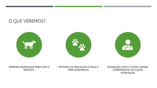 O QUE VEREMOS?
PRIMEIRA ABORDAGEM PARA COM O
PACIENTE.
MÉTODOS DE AVALIAÇÃO CLÍNICA E
DIRECIONAMENTO.
INTERAÇÃO COM O TUTOR E DEMAIS
COMPONENTES DA EQUIPE
HOSPITALAR.
 