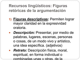 Recursos lingüísticos: Figuras
retóricas de la argumentación
1) Figuras descriptivas: Permiten lograr
mayor claridad en la expresividad
oratoria.
 Descripción: Presentar, por medio de
palabras, lugares, escenas, personas
o cosas, de un modo vivo y artístico,
una idea específica. (adjetivos)
 Retrato: Descripción física, moral,
espiritual, en forma individual o
 