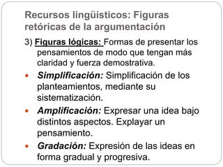 Recursos lingüísticos: Figuras
retóricas de la argumentación
3) Figuras lógicas: Formas de presentar los
pensamientos de modo que tengan más
claridad y fuerza demostrativa.
 Simplificación: Simplificación de los
planteamientos, mediante su
sistematización.
 Amplificación: Expresar una idea bajo
distintos aspectos. Explayar un
pensamiento.
 Gradación: Expresión de las ideas en
forma gradual y progresiva.
 