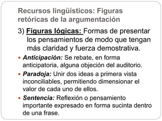 Recursos lingüísticos: Figuras
retóricas de la argumentación
3) Figuras lógicas: Formas de presentar
los pensamientos de modo que tengan
más claridad y fuerza demostrativa.
 Anticipación: Se rebate, en forma
anticipatoria, alguna objeción del auditorio.
 Paradoja: Unir dos ideas a primera vista
inconciliables, permitiendo dimensionar el
valor de cada uno de ellos.
 Sentencia: Reflexión o pensamiento
importante expresado en forma sucinta dentro
de una frase.
 