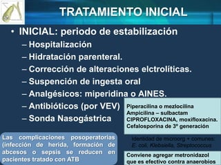 • INICIAL: periodo de estabilización
– Hospitalización
– Hidratación parenteral.
– Corrección de alteraciones elctrolíticas.
– Suspención de ingesta oral
– Analgésicos: miperidina o AINES.
– Antibióticos (por VEV)
– Sonda Nasogástrica
TRATAMIENTO INICIAL
Piperacilina o mezlocilina
Ampicilina – sulbactam
CIPROFLOXACINA, moxifloxacina.
Cefalosporina de 3º generación
Identidad de microorg + comunes:
E. coli, Klebsiella, Streptococcus
Conviene agregar metronidazol
que es efectivo contra anaerobios
Las complicaciones posoperatorias
(infección de herida, formación de
abcesos o sepsis se reducen en
pacientes tratado con ATB
 