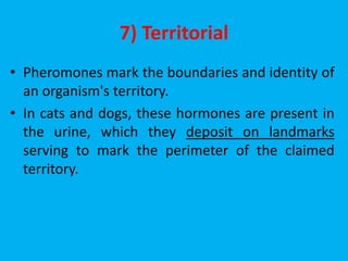 7) Territorial
• Pheromones mark the boundaries and identity of
an organism's territory.
• In cats and dogs, these hormones are present in
the urine, which they deposit on landmarks
serving to mark the perimeter of the claimed
territory.
 