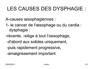 LES CAUSES DES DYSPHAGIE :
A-causes œsophagiennes :
1- le cancer de l'œsophage ou du cardia :
dysphagie :
-récente, -siège à tout l’oesophage,
-d'abord aux solides uniquement,
-puis rapidement progressive,
-amaigrissement important
22/02/2015 23chinar
 