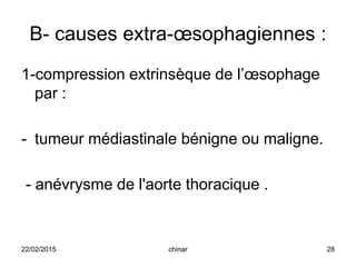 B- causes extra-œsophagiennes :
1-compression extrinsèque de l’œsophage
par :
- tumeur médiastinale bénigne ou maligne.
- anévrysme de l'aorte thoracique .
22/02/2015 28chinar
 