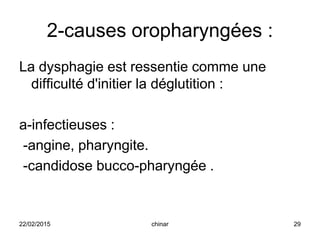 2-causes oropharyngées :
La dysphagie est ressentie comme une
difficulté d'initier la déglutition :
a-infectieuses :
-angine, pharyngite.
-candidose bucco-pharyngée .
22/02/2015 29chinar
 