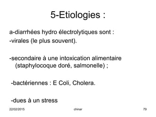 5-Etiologies :
a-diarrhées hydro électrolytiques sont :
-virales (le plus souvent).
-secondaire à une intoxication alimentaire
(staphylocoque doré, salmonelle) ;
-bactériennes : E Coli, Cholera.
-dues à un stress
22/02/2015 79chinar
 