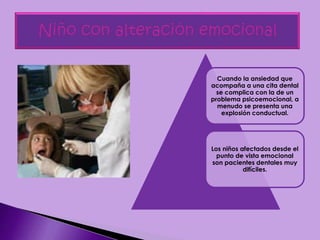 Cuando la ansiedad que
acompaña a una cita dental
se complica con la de un
problema psicoemocional, a
menudo se presenta una
explosión conductual.
Los niños afectados desde el
punto de vista emocional
son pacientes dentales muy
difíciles.
 
