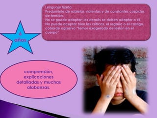 6
años
Lenguaje fijado.
Predominio de rabietas violentas y de constantes cúspides
de tensión.
No se puede adaptar; los demás se deben adaptar a él.
No puede aceptar bien las críticas, el regaño o el castigo.
cobarde agresivo “temor exagerado de lesión en el
cuerpo”
comprensión,
explicaciones
detalladas y muchas
alabanzas.
 