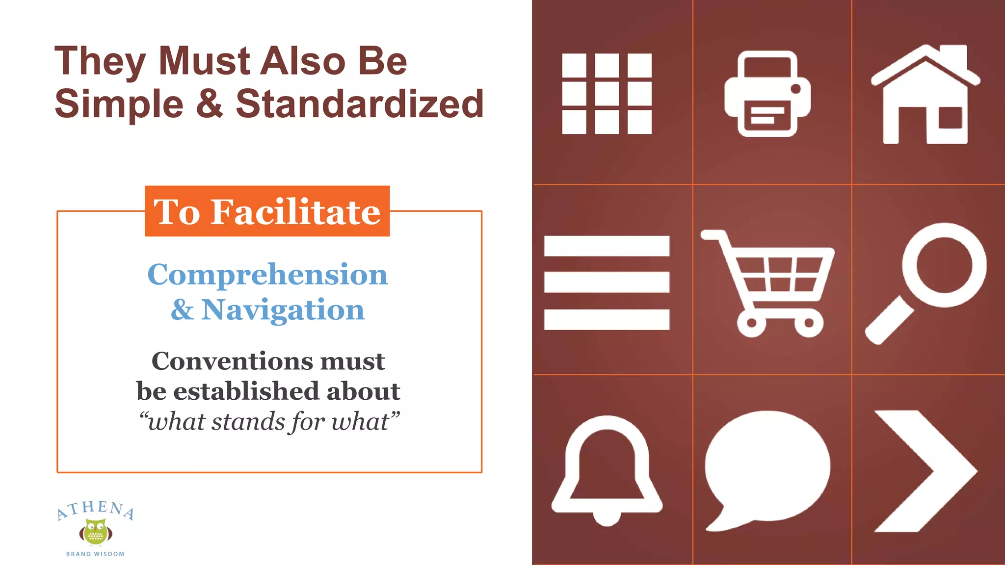 They Must Also Be
Simple & Standardized
Comprehension
& Navigation
Conventions must
be established about
“what stands for what”
To Facilitate
 